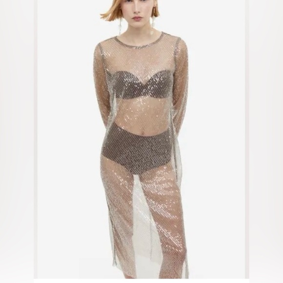 H&M Women’s sequin Beige Mesh dress Brand new Sz Large - Picture 3 of 15
